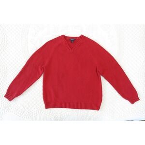 Lands End Drifter Cotton V-Neck Sweater Womens Large Bright Red Pullover Preppy